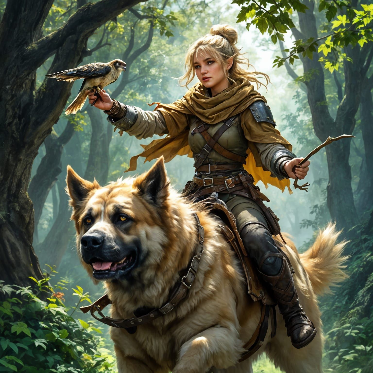 Halfling Ranger Rides Mastiff Through Fantasy Forest