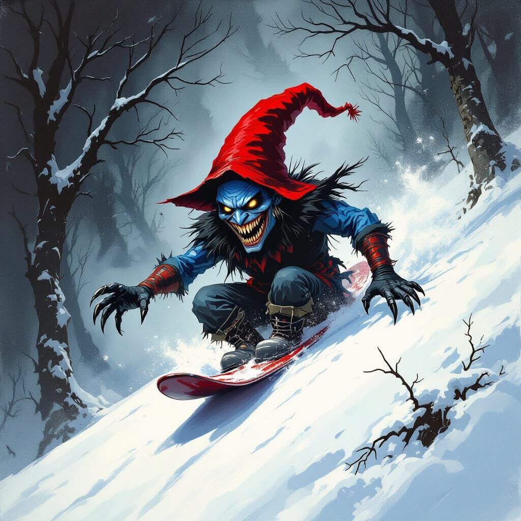 Menacing Redcap Sledding Down Snowy Hill in Dark Fantasy Sty...