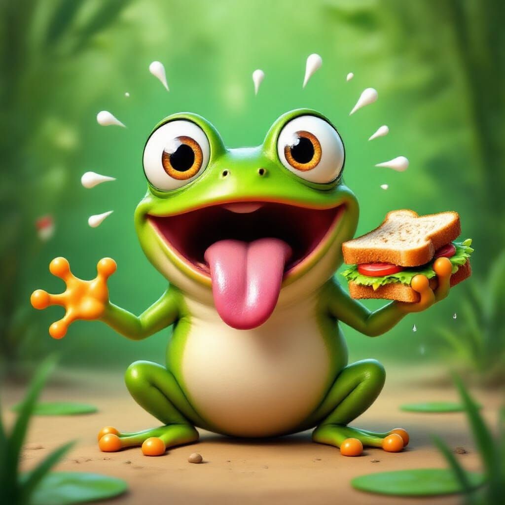Cartoon Frog's Shocking Discovery in Dreamy Swamp