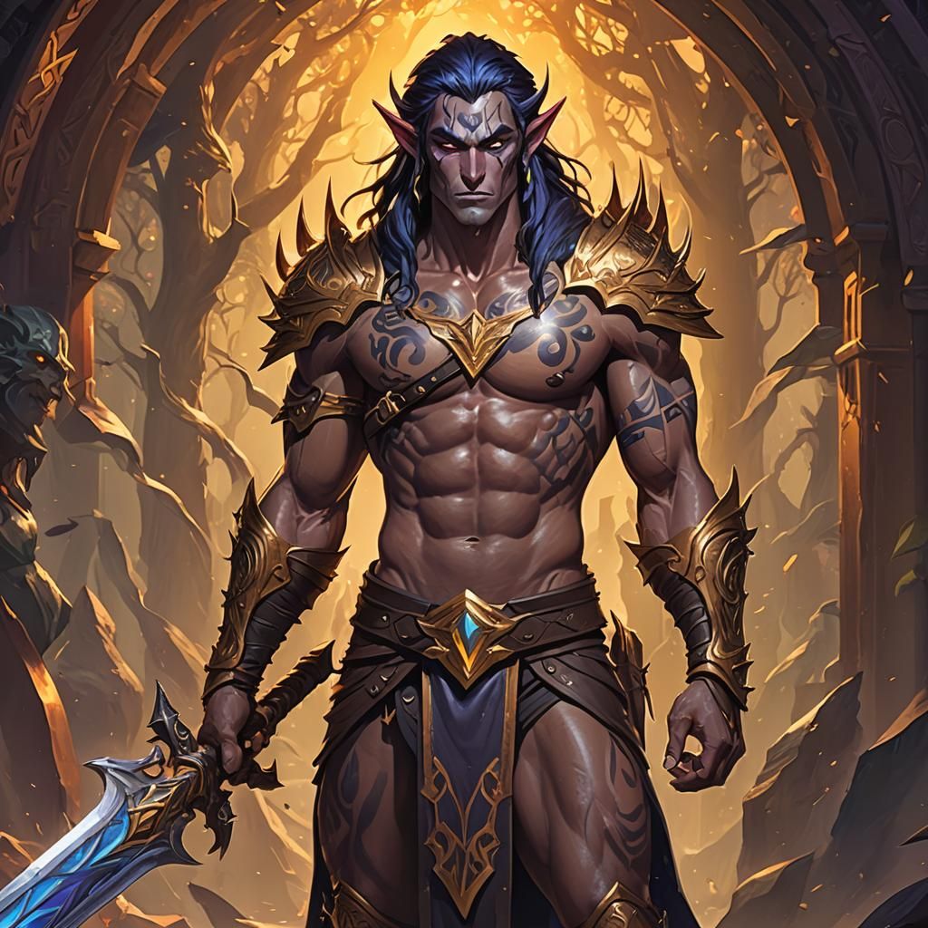Handsome Night Elf Warrior in Vibrant Cel-Shaded Style