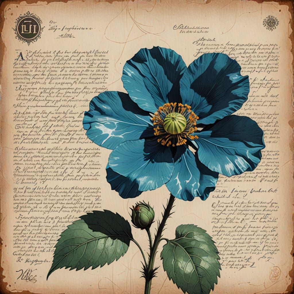 Vintage Himalayan Poppy Blooms in Elegant Watercolor and Ink