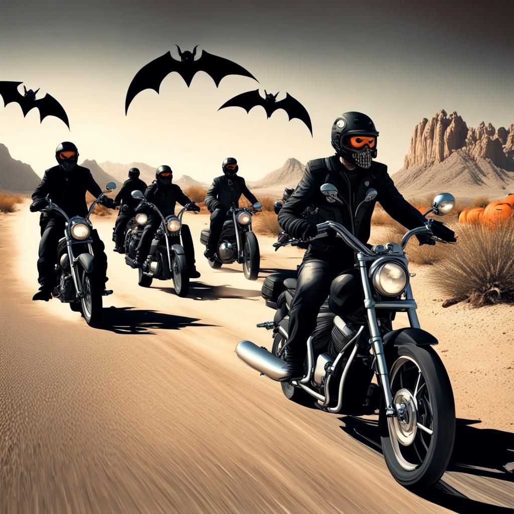 Motorcycle Riders in Desert with Bats and Zombies