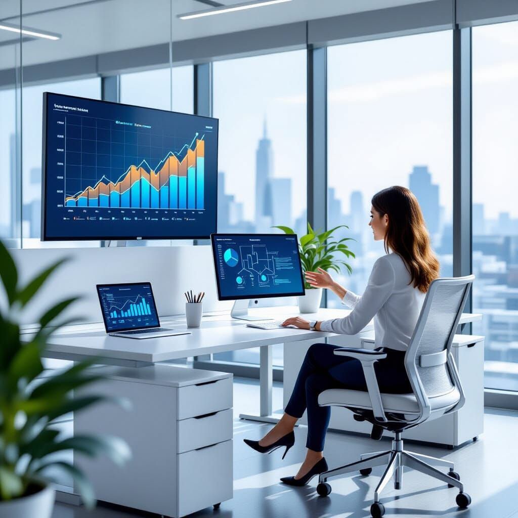 Modern Office with City View & Business Growth Chart