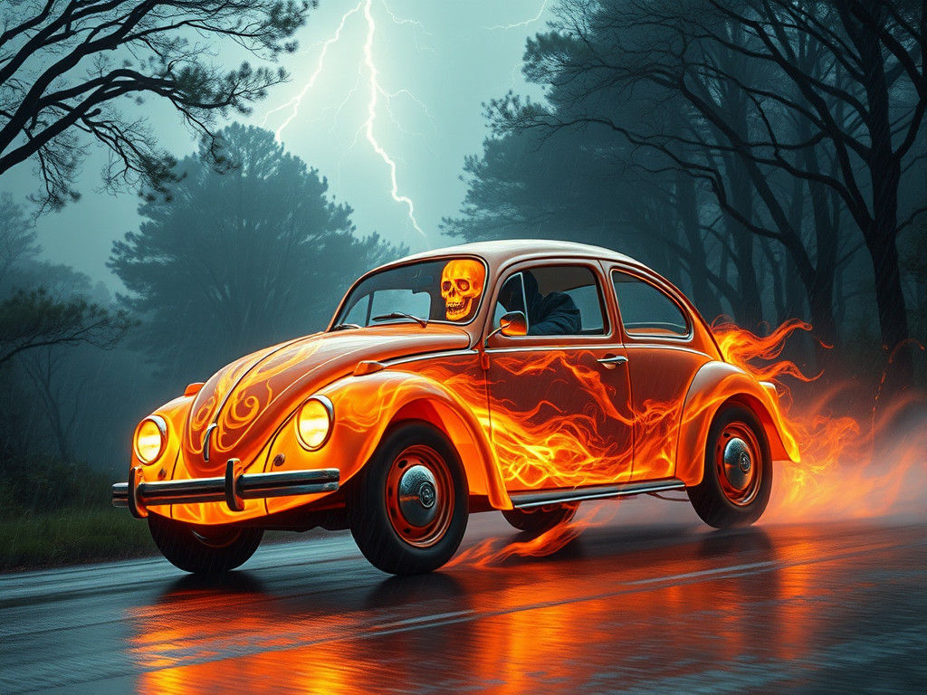 Fiery Phantom Volkswagen Beetle Speeds Down a Misty Road
