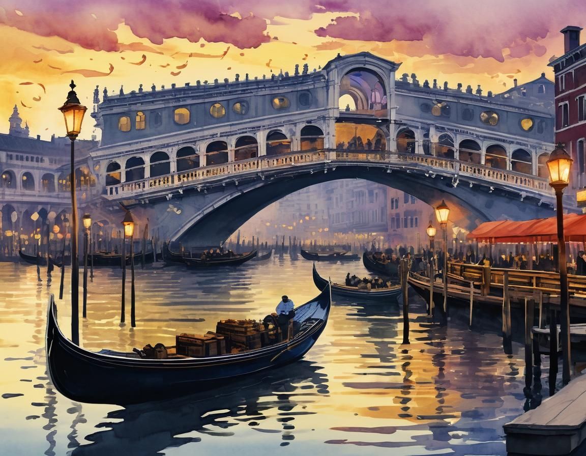 Venice Rialto Bridge in Watercolor Impressionism