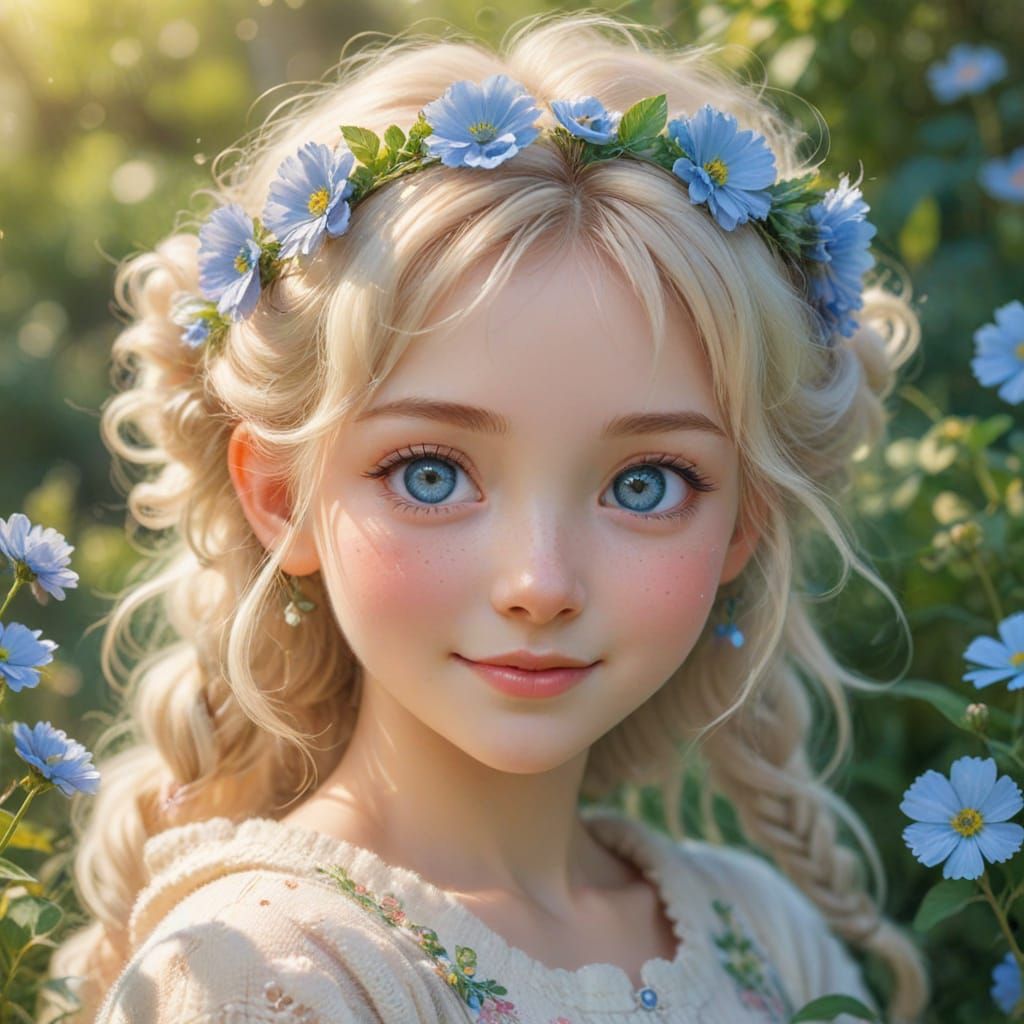 Anime Sheep with Flowers in Hair, Digital Art