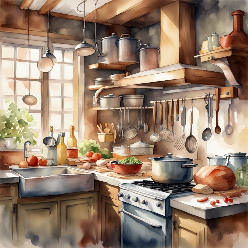 Joyful Kitchen Scene in Watercolor Style