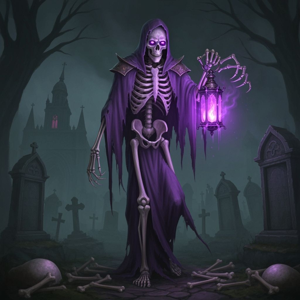 Skeleton Gravekeeper with Eerie Purple Flame Lantern