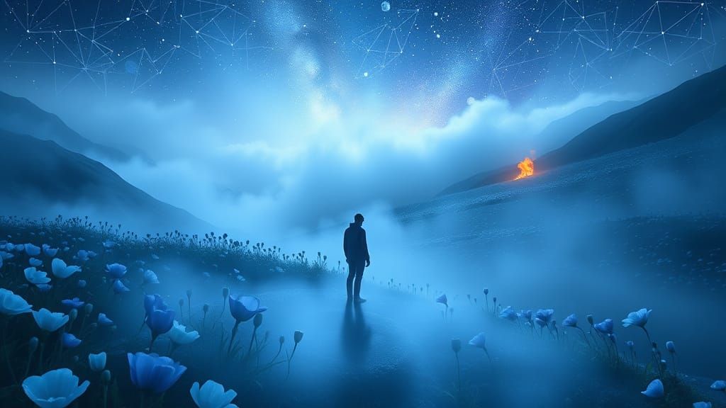 Infinity Mirrored Room with Fiery Blaze, Surreal Landscape