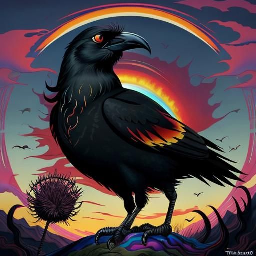 Surreal Crow Portrait with Red Moon, Blended Art Styles