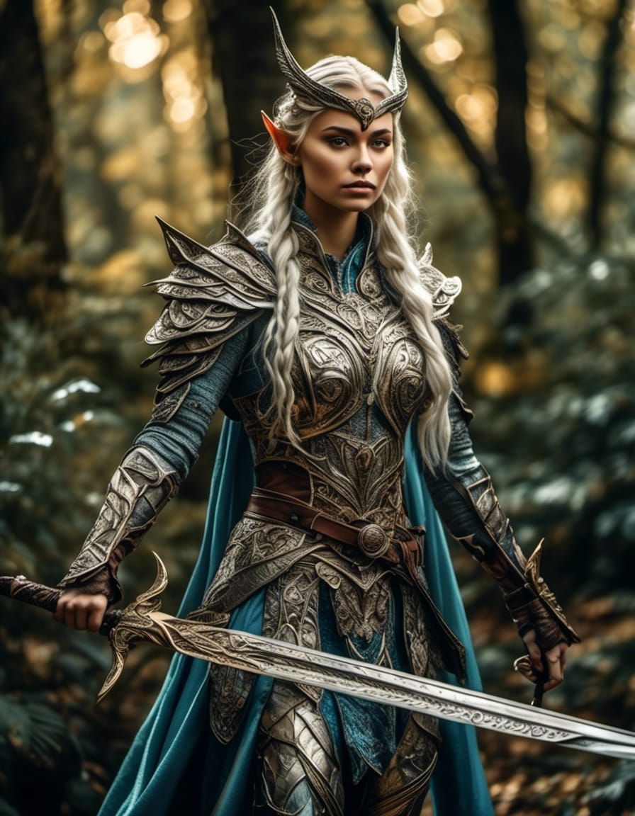 Elven Warrior Surveys Forest in Golden Hour