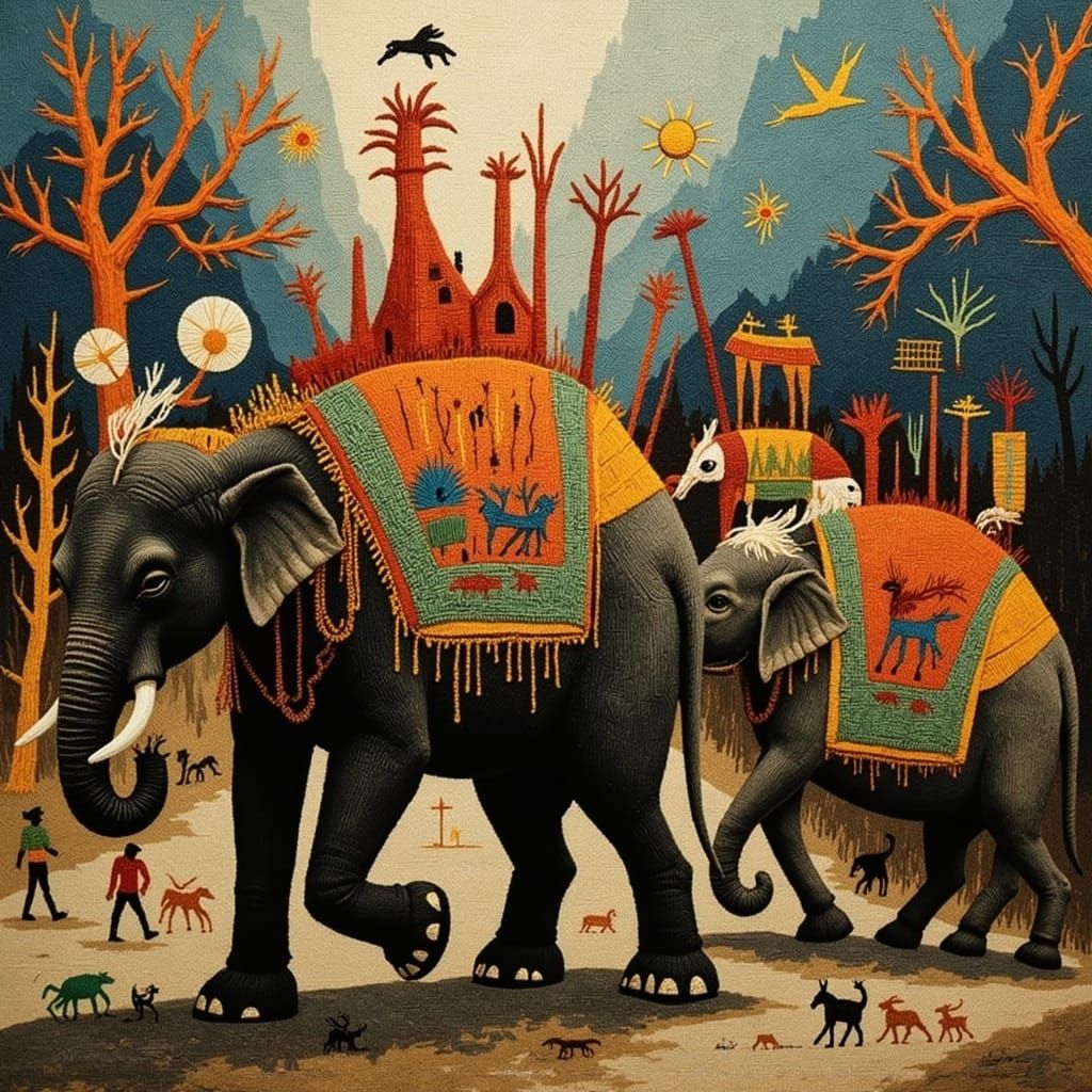 Vibrant Elephant Parade in Art Nouveau Style