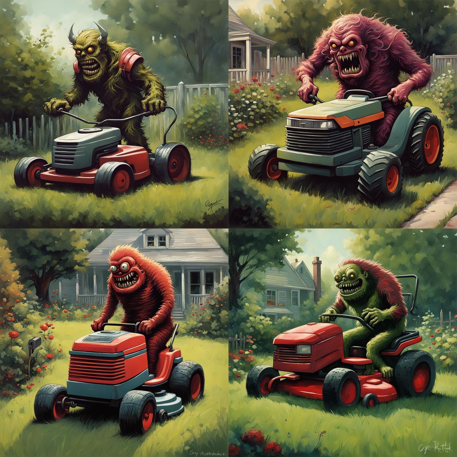 Lawnmower monster in a garden