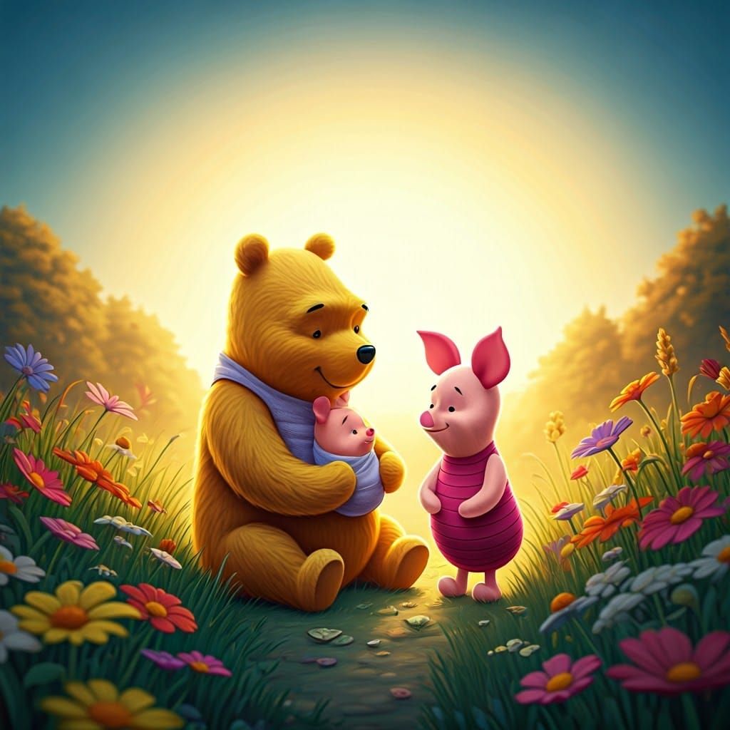 Pooh and Piglet with Newborn Twins in 3D