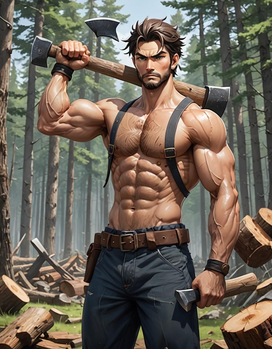 Dynamic Lumberjack Anime-Style Digital Art