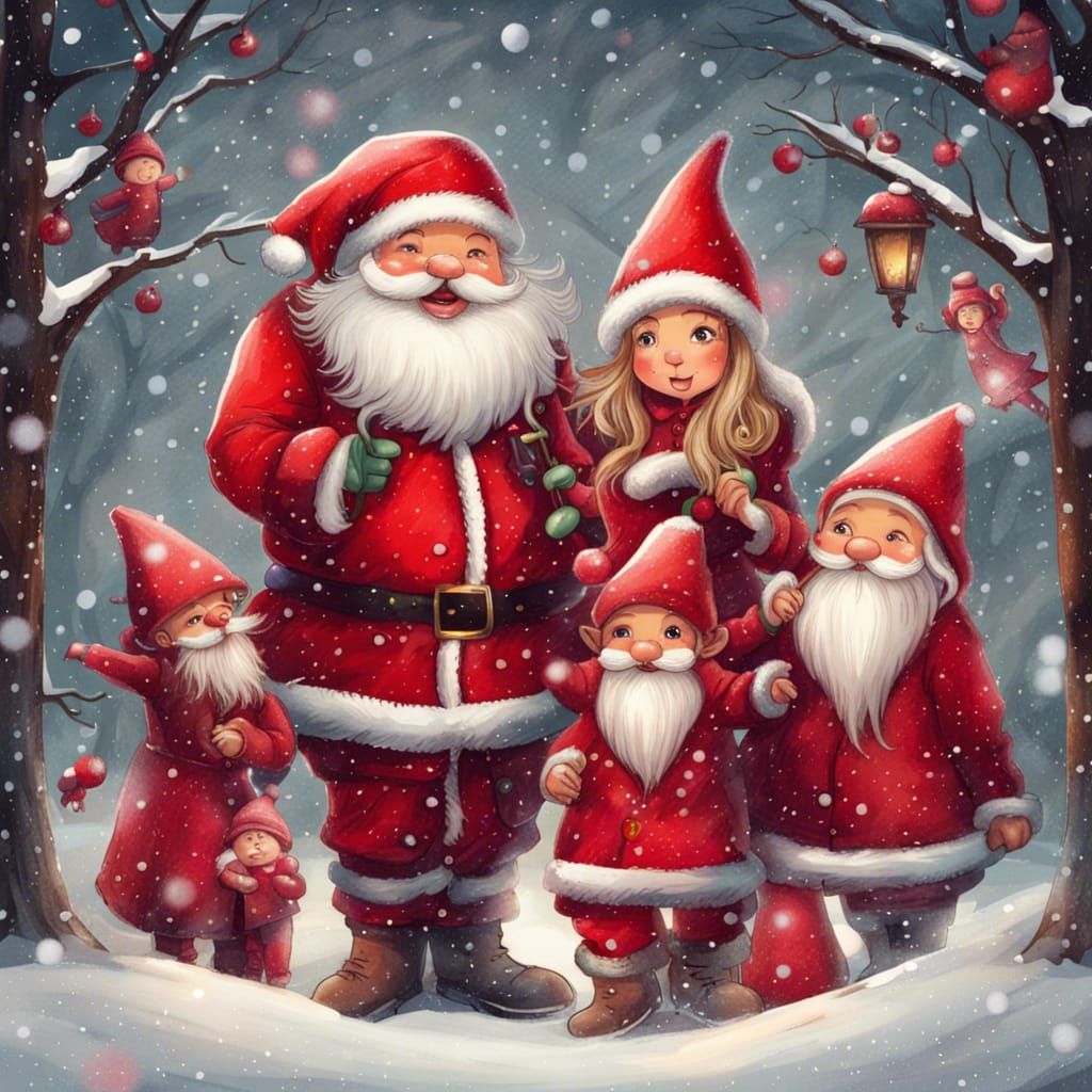 Santa Claus with Woman in Red Dress and Gnomes