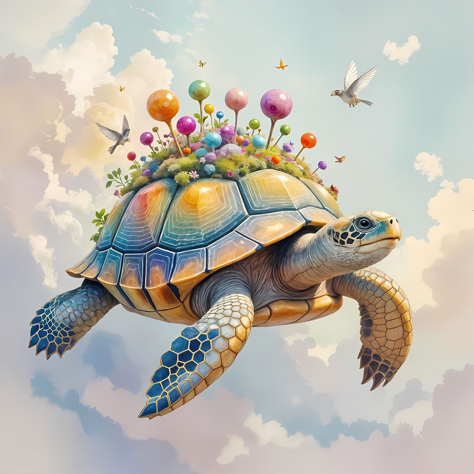 Crystalline Tortoise with Ecosystem Drifts Through Alien Sky