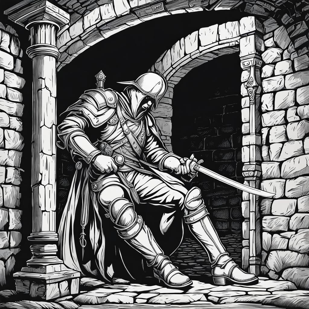 Wounded Footman in Dungeon: Black and White Line Art