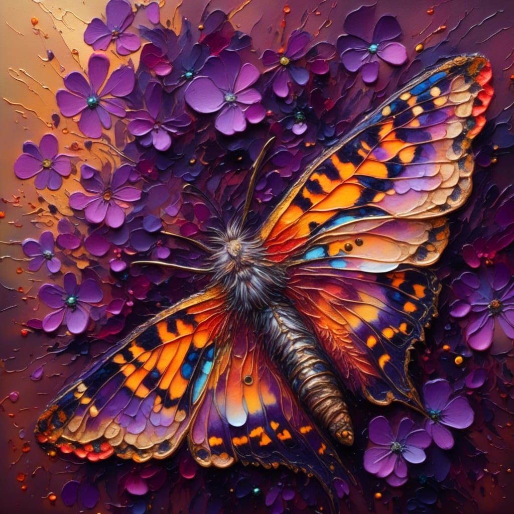 Sunset Moth on Purple Flower: Oil Painting
