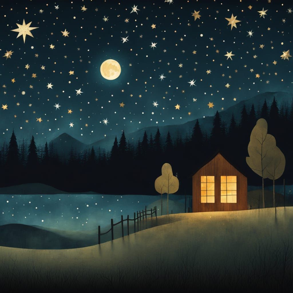 Mysterious Moonlit Scene in Dark Watercolor Style