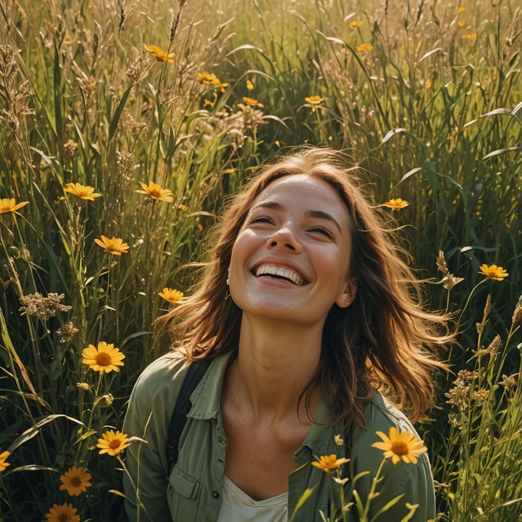 Happy Face in Sunlit Meadow: Cinematic Film Still