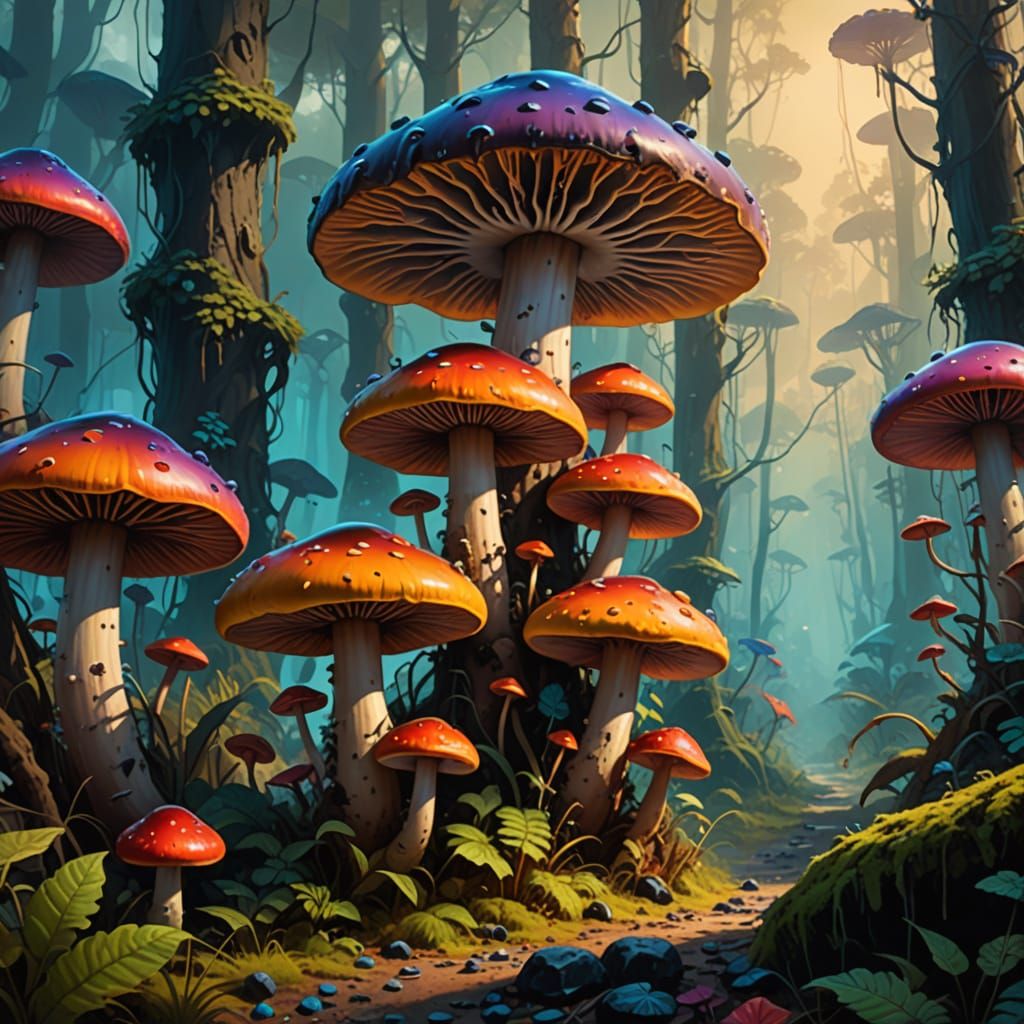 Surreal Mushroom Landscape in Vibrant Oil Painting Style