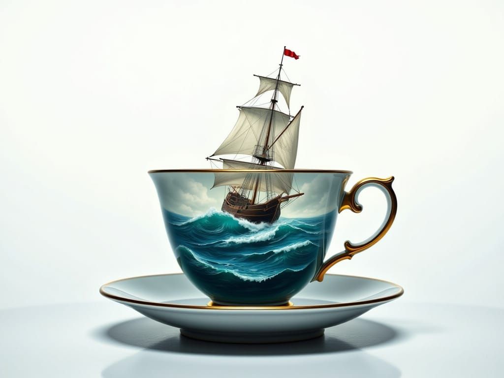 Surrealistic Tea Cup on Ocean Waves in White Background