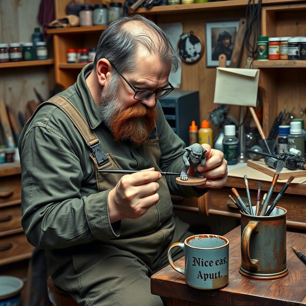 Focused Miniatures Painter in Photorealistic Style