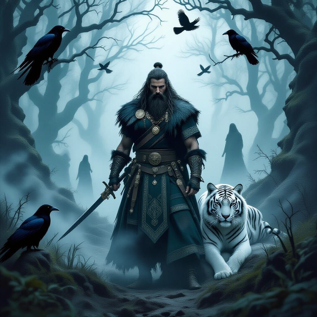 Mystical Irish Druid in Forest with Celtic Knotwork