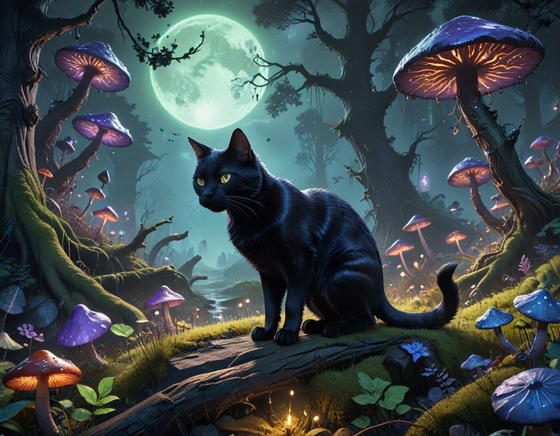 Mysterious Black Cat in a Moonlit, Mystical Realm