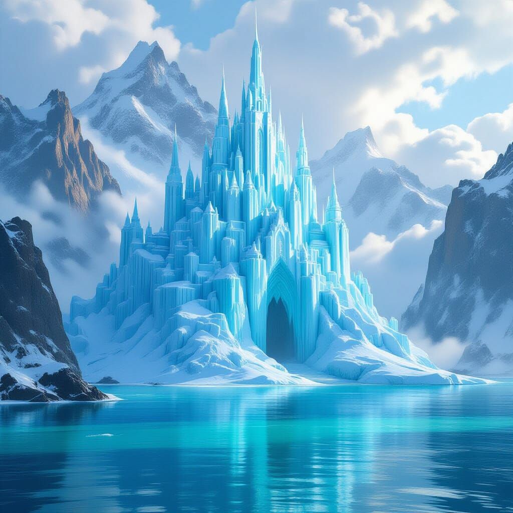 Majestic Ice Castle on Island Mountain in Turquoise Ocean
