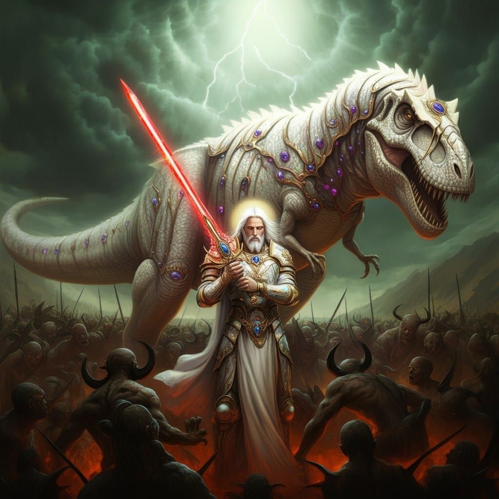 Jesus in Sacred Armor Leads T-Rex into Battle
