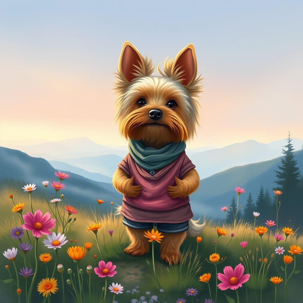 Whimsical Yoga Instructor Yorkie in a Dreamy Meadow