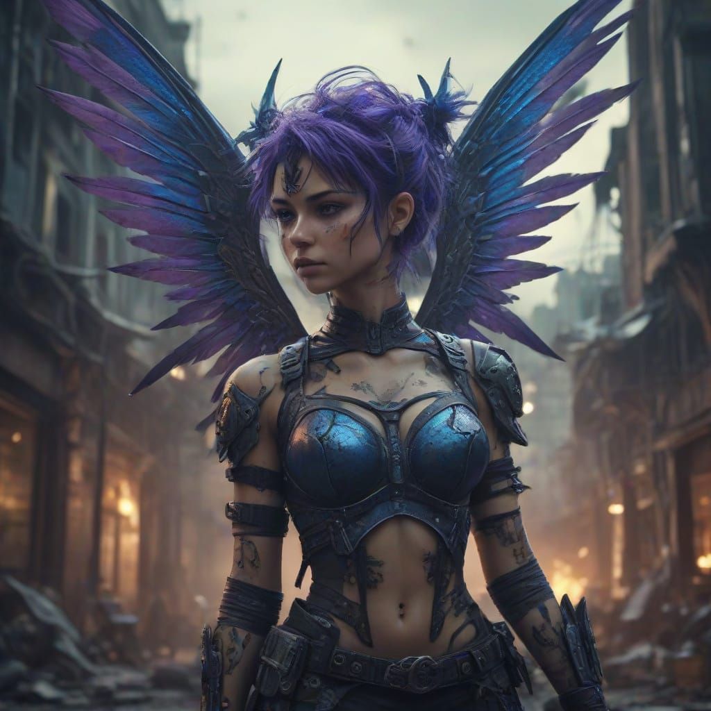 a wide image of a gasolinepunk fairy character from a different pose or perspective, featuring a dystopian backdrop. The...