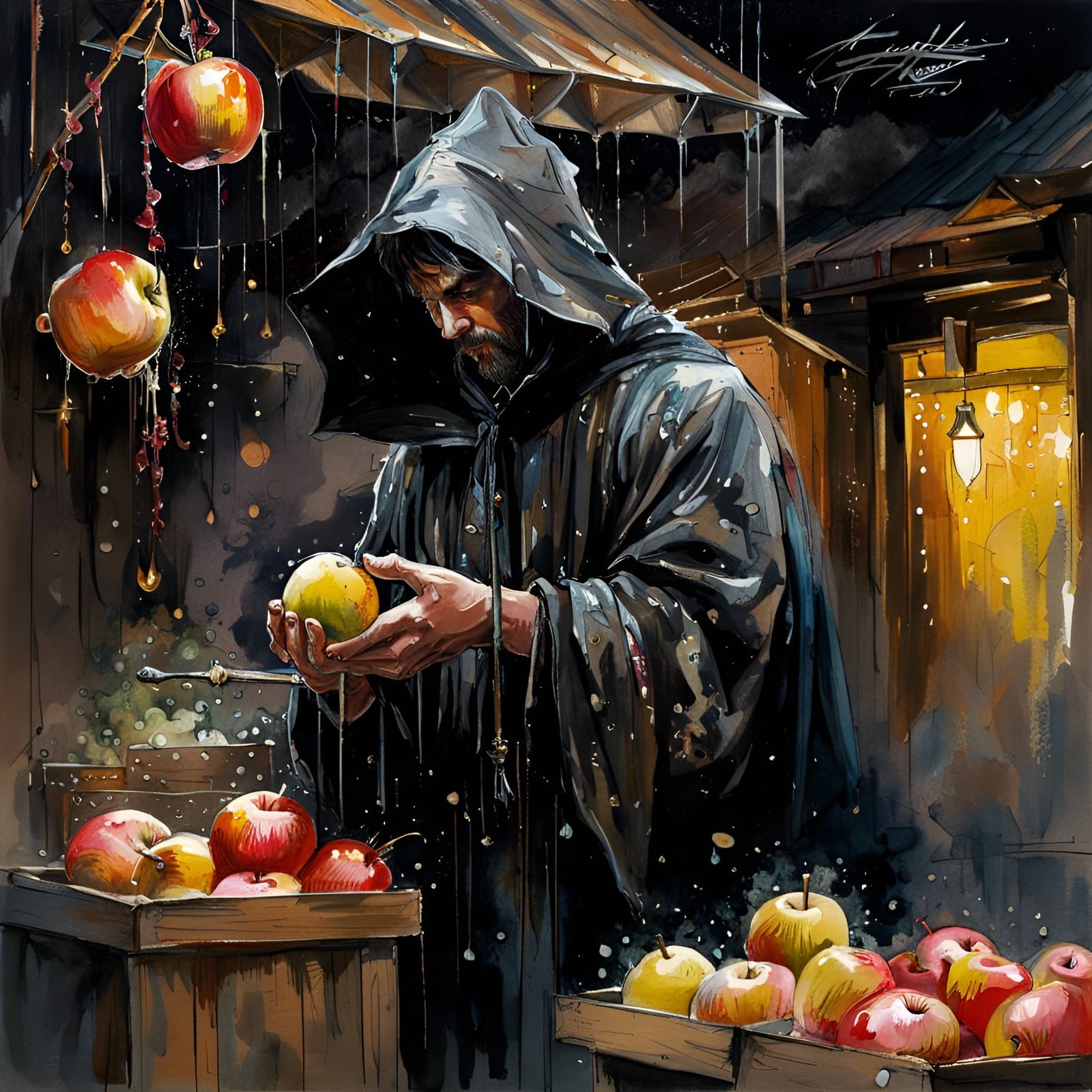 Hungry hooded man at the medieval apple market
