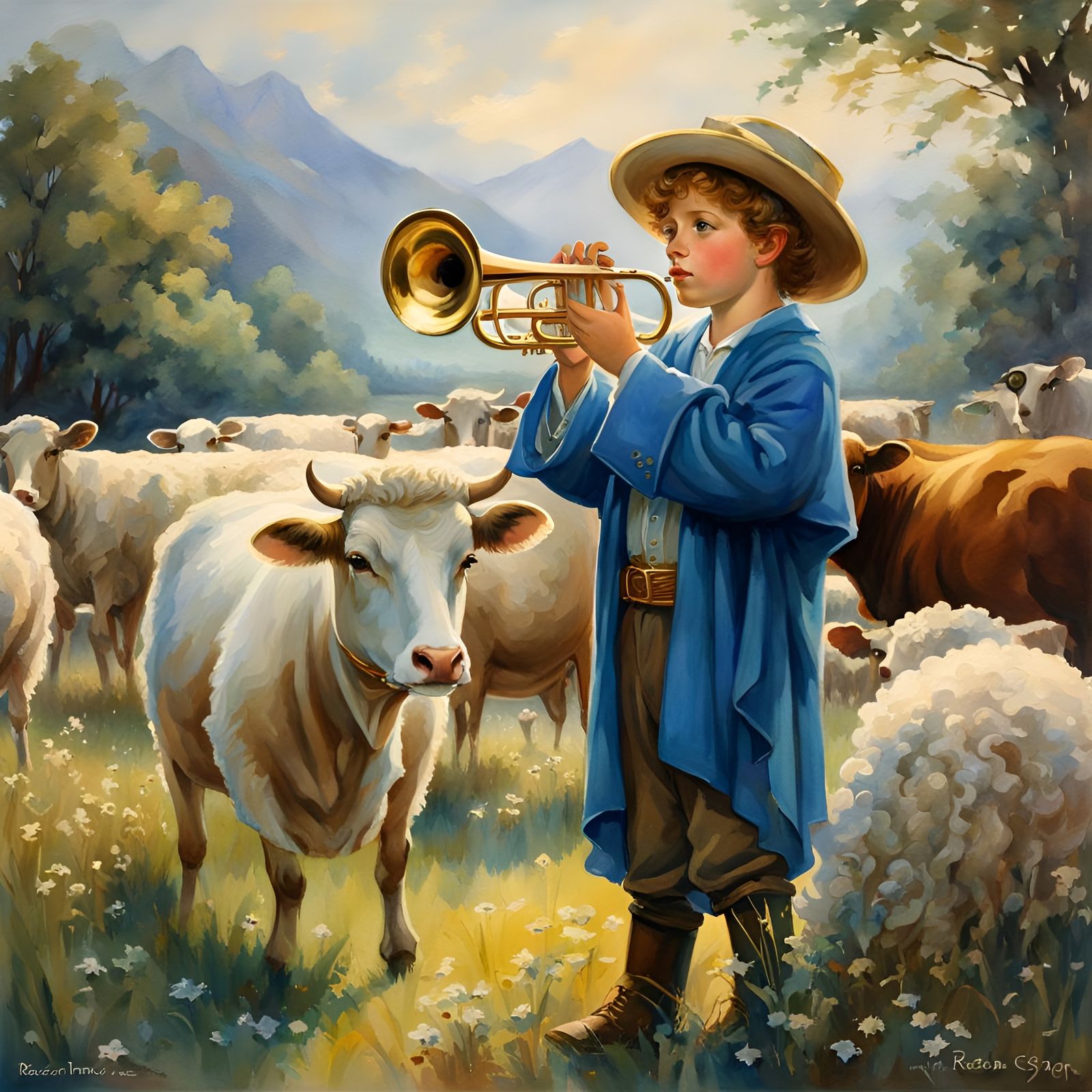 Fantasy Trumpet Boy in Watercolor Style