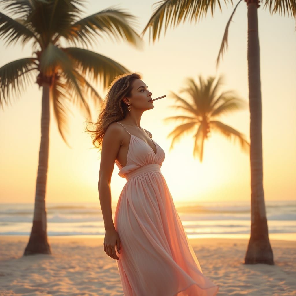 Woman in Pastel Pink Sundress Takes a Dreamy Cigarette on a ...