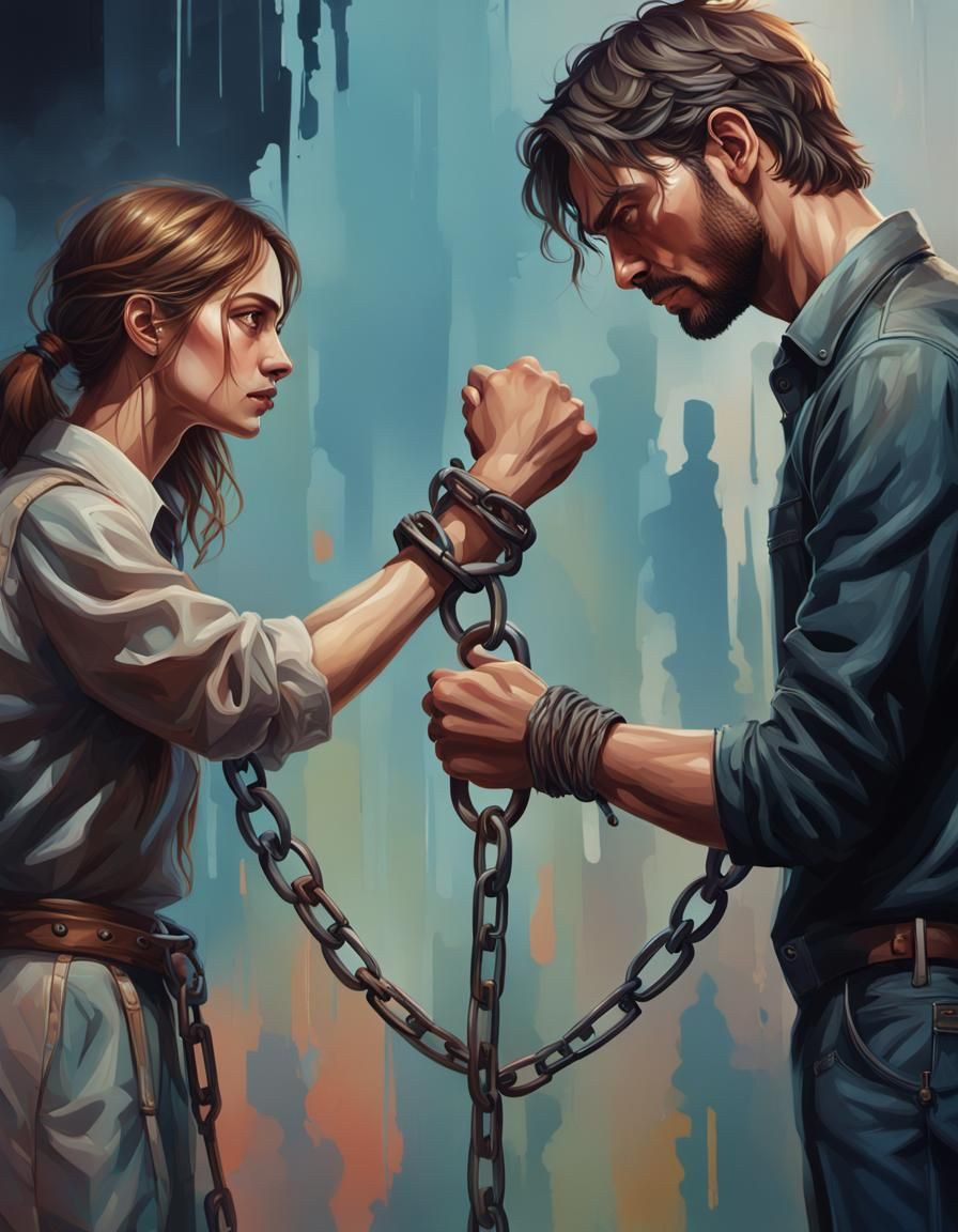 Hyperrealistic Couple Bound Together in Intimate yet Distant...