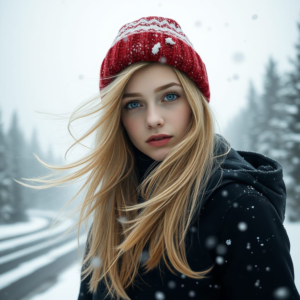 Beautiful Woman Standing in a Blizzard, Middle Swedish Lands...