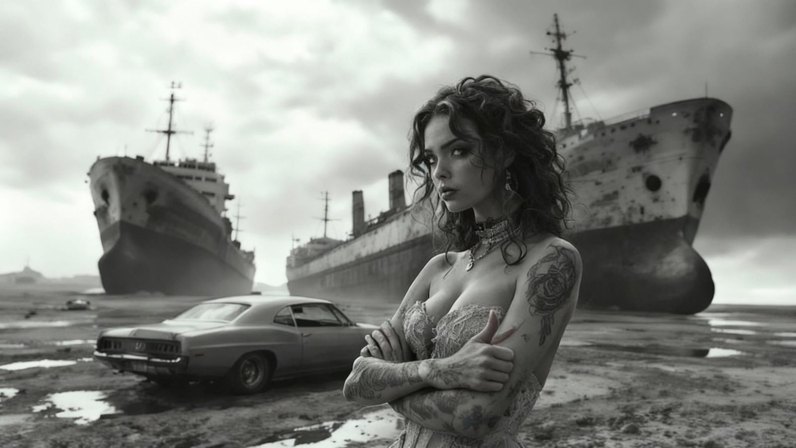 Woman in Vintage Style Amidst Beached Ships and Car