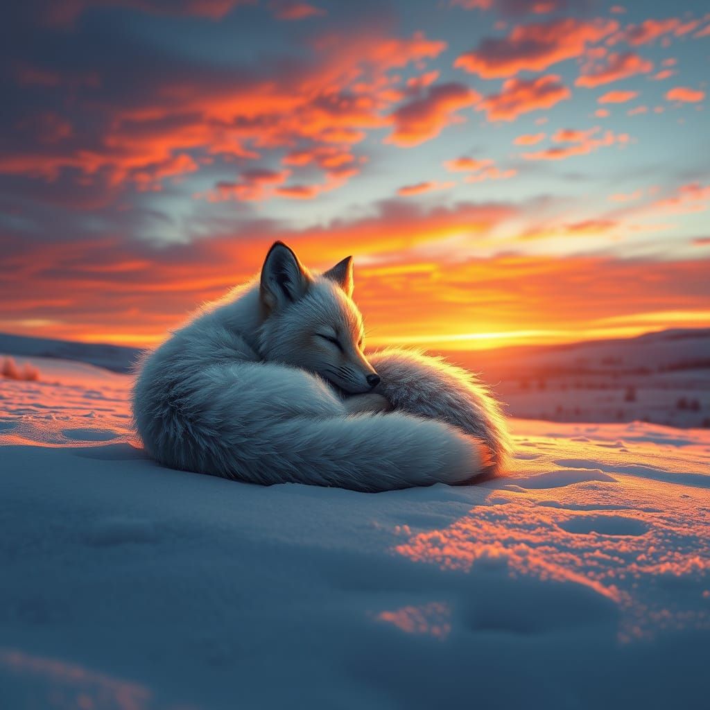 Surreal Snowy Fox Scene in Whimsical Fantasy Style