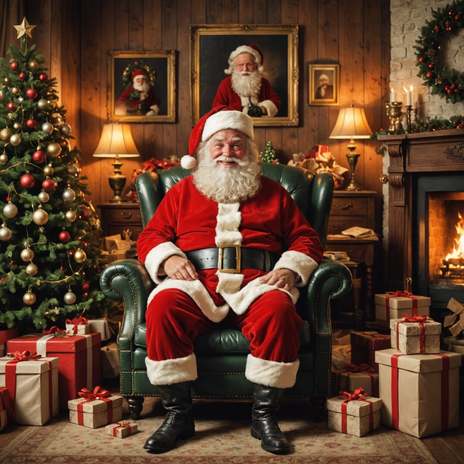 Vintage Christmas Scene with Jolly Santa Claus