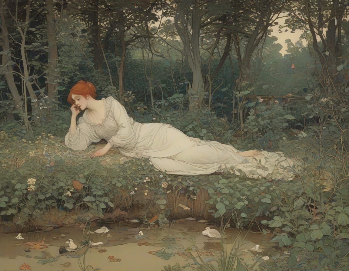 Whimsical Garden Scene in Art Nouveau Style