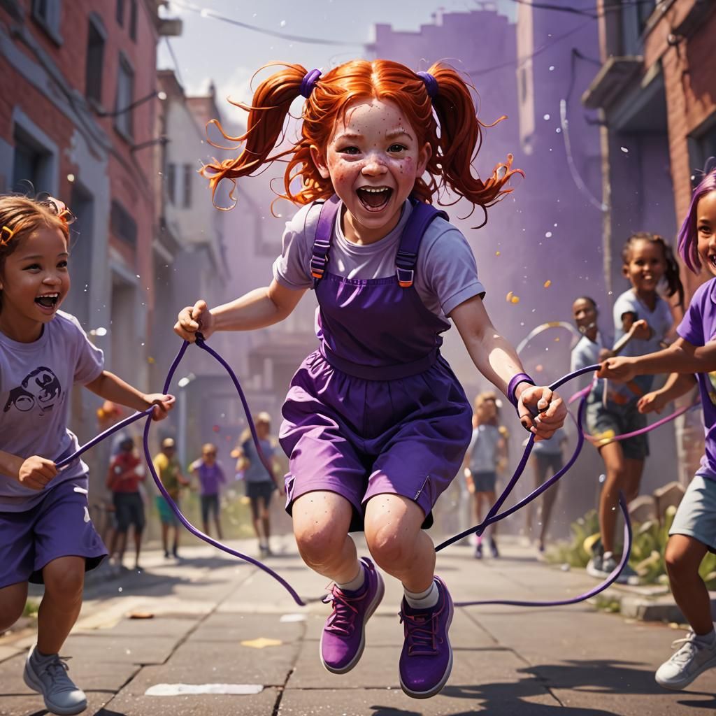 Red-Haired Girl Playing Jump Rope: Hyperrealistic Splash Art