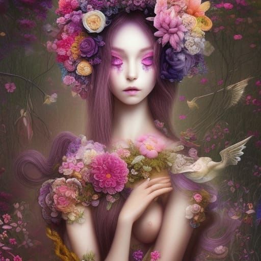 Woman in Embroidered Dress: Colorful Gouache Painting