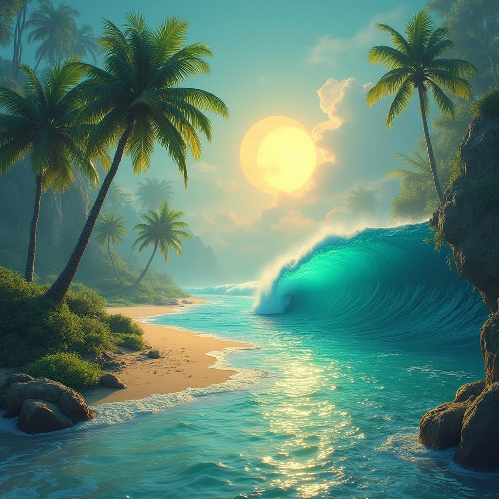 Oasis Emerges as Water and Dune Embrace Under Twin Suns