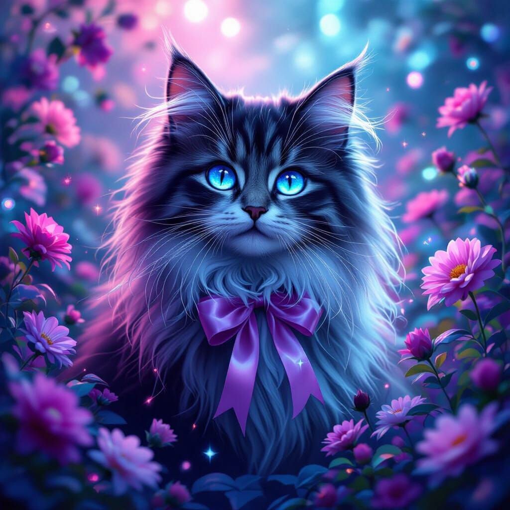 Fantasy Cat with Glowing Eyes in Magical Garden
