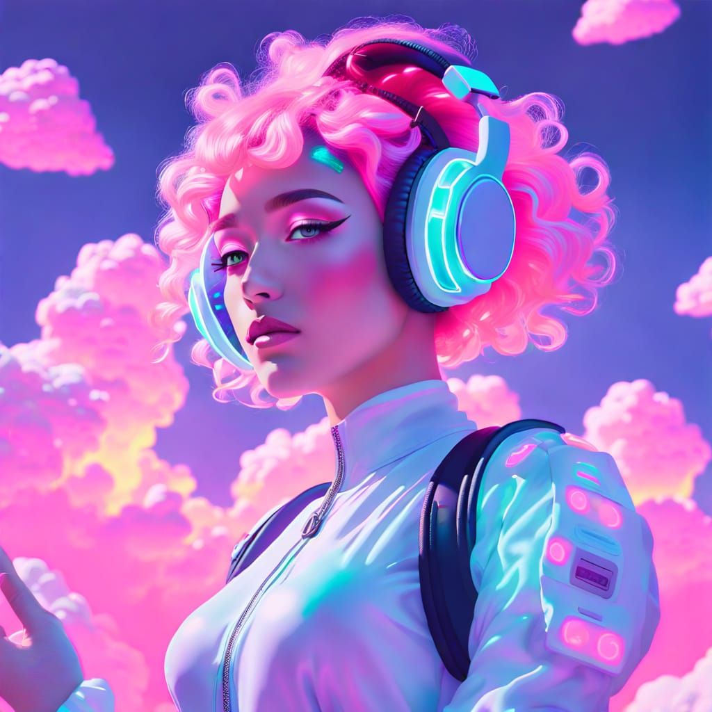 Vaporwave Android DJ in Pastel Sky with Neon Hair