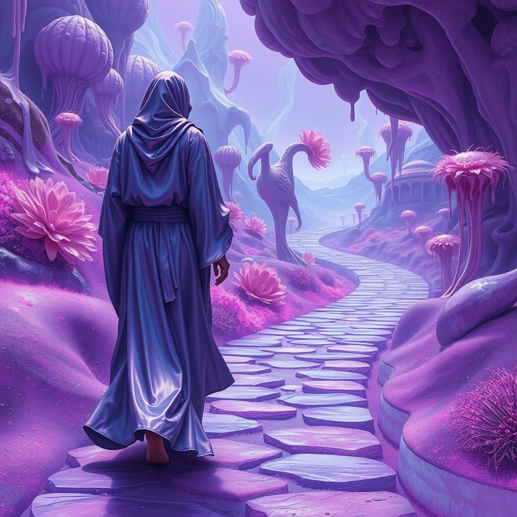 Surreal Purple Landscape with Figure in Dreamlike Style