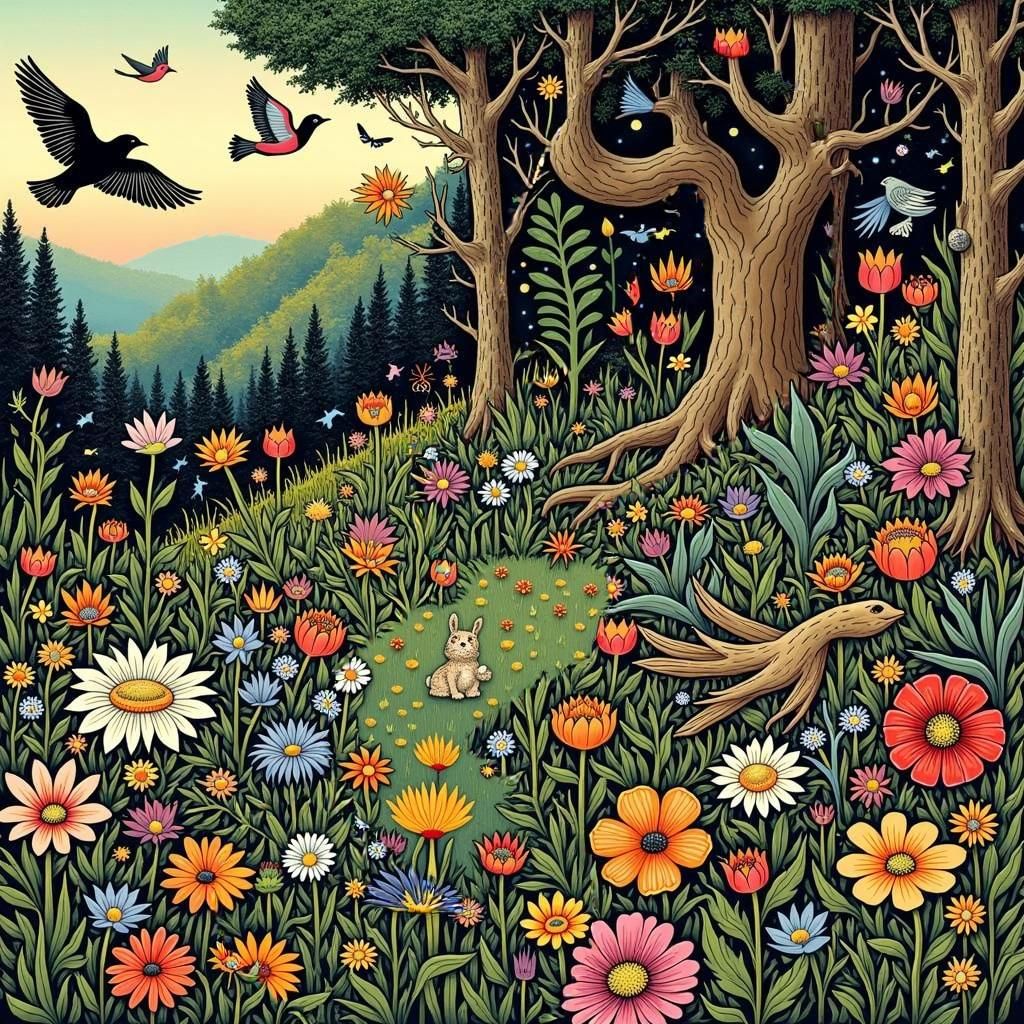 Vibrant Garden Scene in William Morris Style